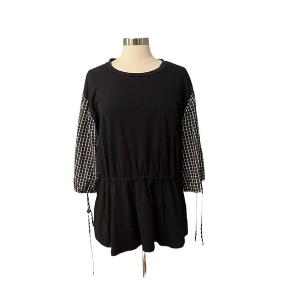 Eloquii Shirt Blouse Plus Size 18/20 Gingham Sleeve Black White Drawstring Waist - Picture 2 of 9